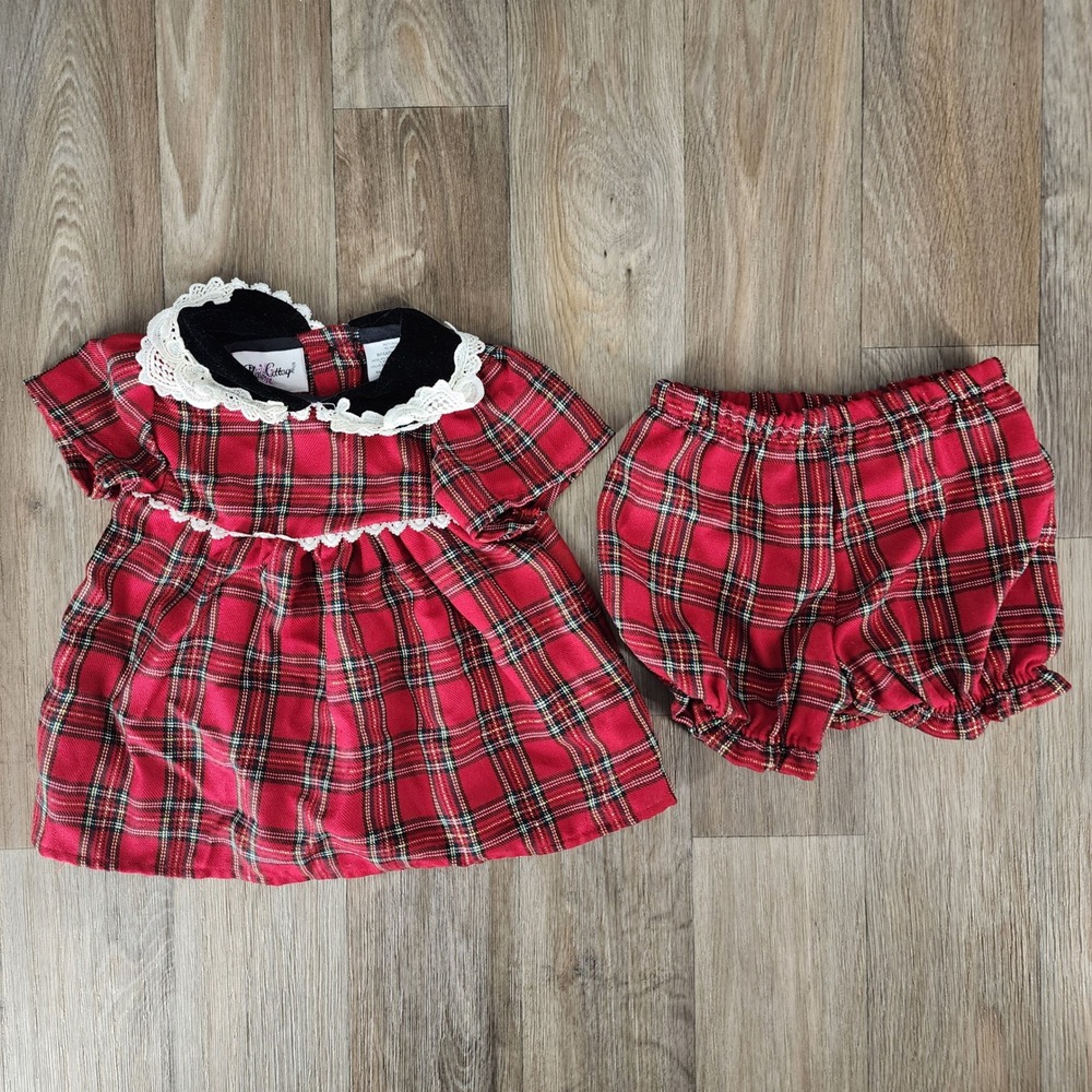 Vintage Rose Cottage Red‎ Plaid Baby Dress Bloomer Set 0-3 Months Holiday Outfit